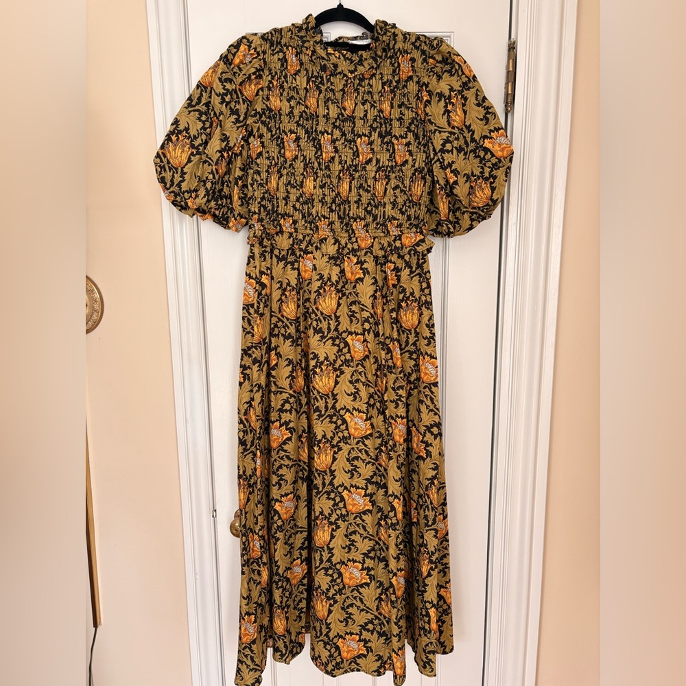 Hyacinth House Olive Leafy Floral Smocked Smythe Midi Dress